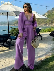 Clacive Fashion Loose Purple 3 Piece Sets Women Outfit 2025 Elegant Long Sleeve Shirt + Crop Top With High Waist Wide Pants Set