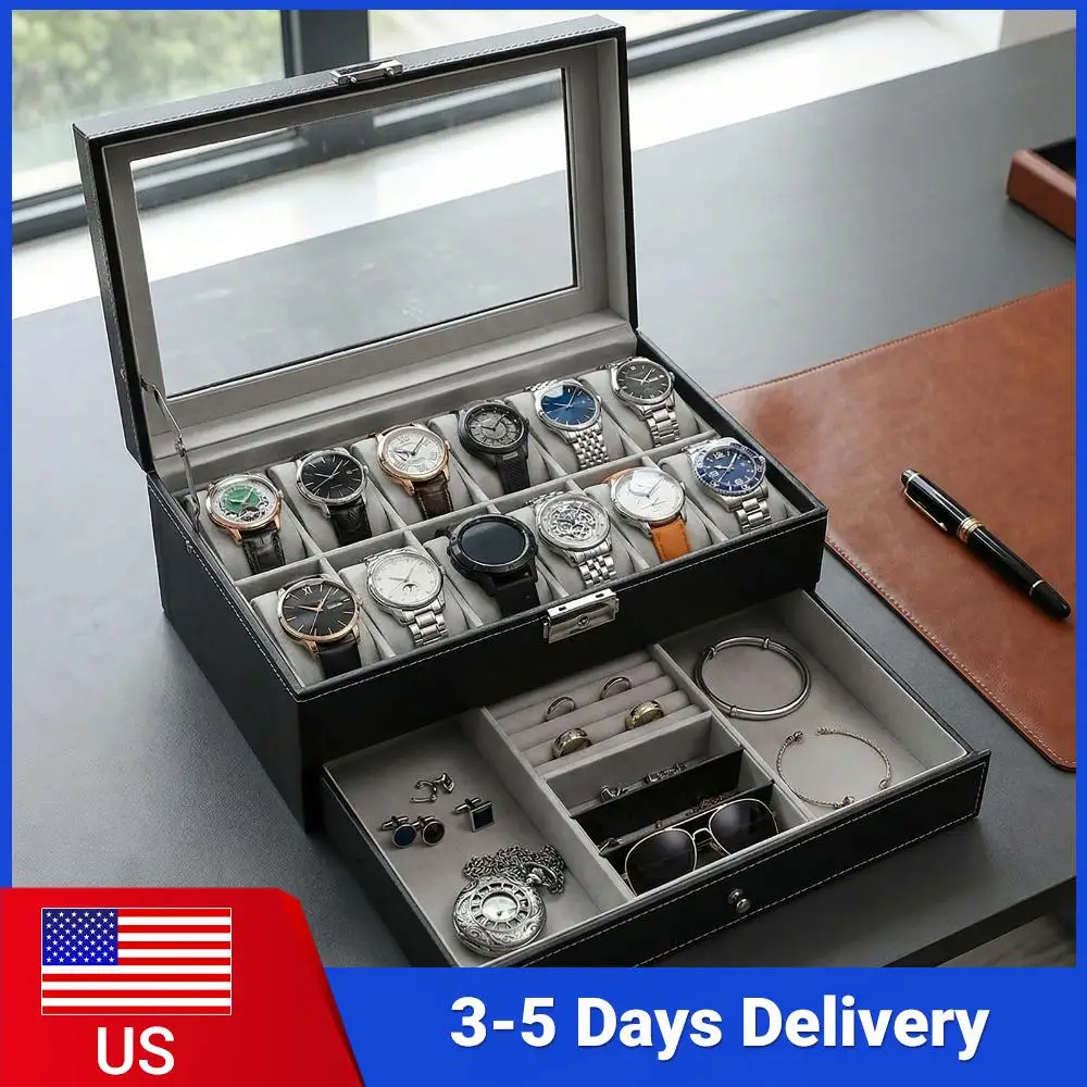 

12 Slot 2-Layer Watch Case Organizer with Drawer & Glass Lid Watch Display Box Metal Lock Birthday Christmas Gifts for Men
