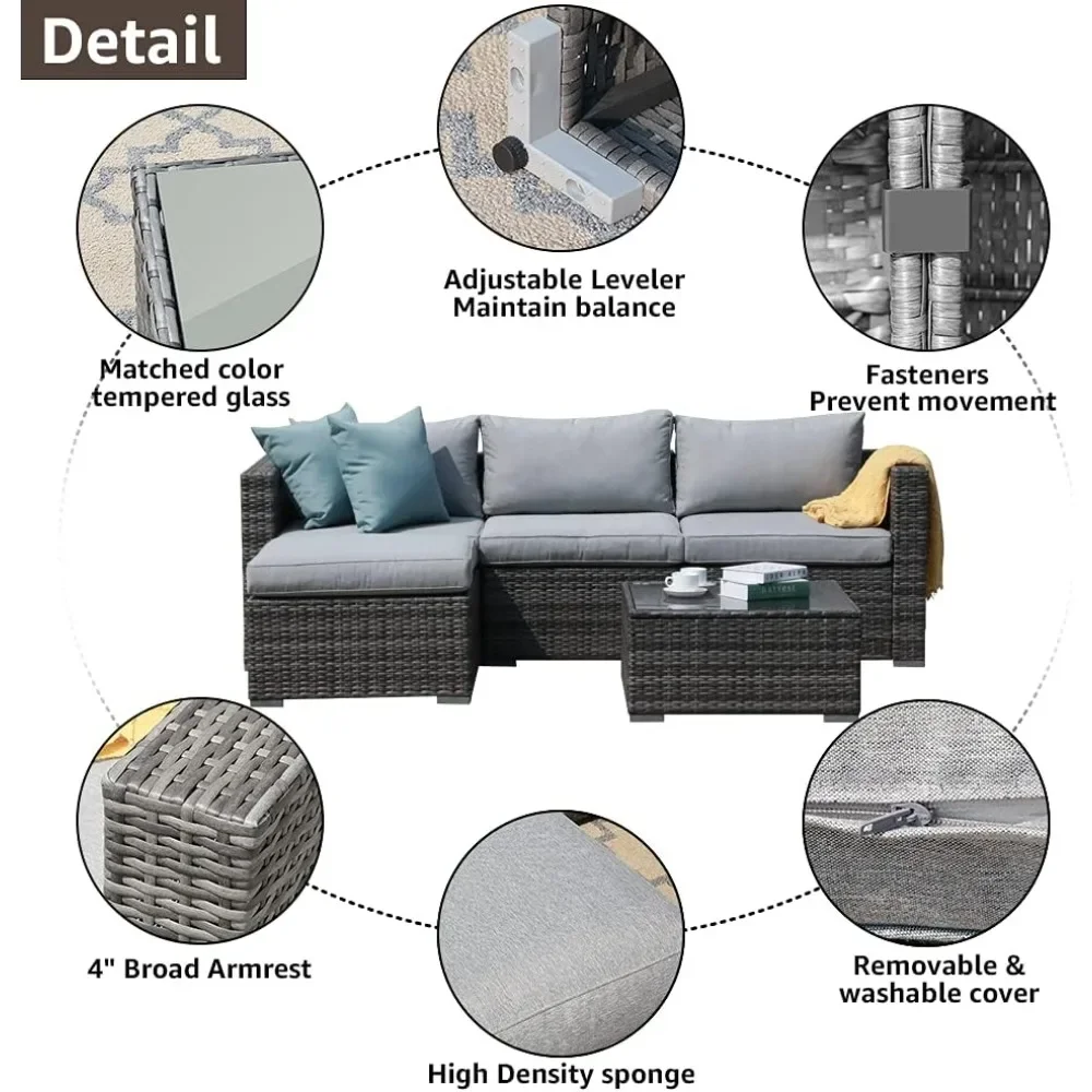 5 Piece Outdoor Patio Furniture Set, Sectional Conversation All-Weather Grey PE Wicker w/Light Cushions, Backyard Porch Garden