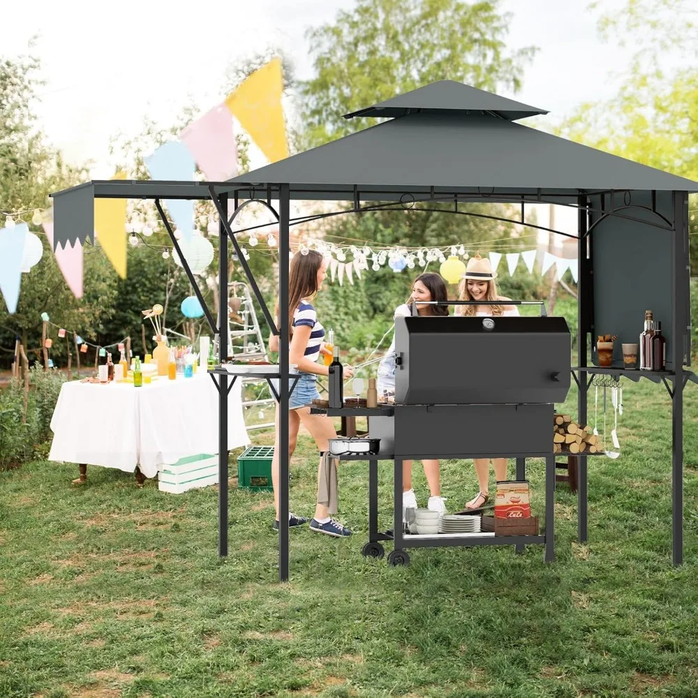 13x5 Ft Grill Gazebo with Dual Side Awnings, 2-Tier Barbecue Gazebo with 2 Shelves, 7 Hooks, Adjustable Shadow, Outdoor Grill C