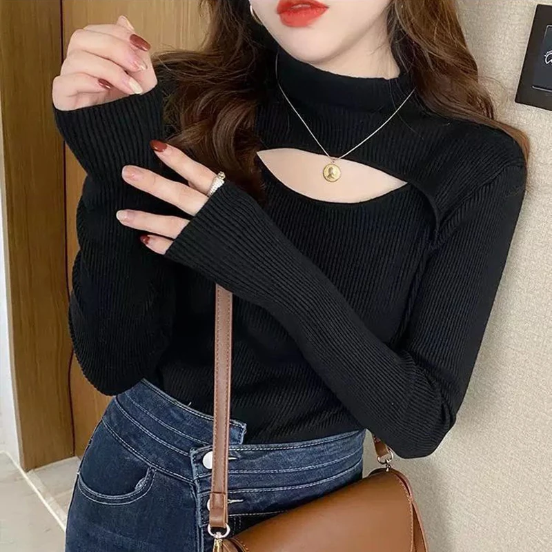 ผู้หญิงแฟชั่นถักเสื้อกันหนาวฤดูใบไม้ร่วงฤดูหนาว Hollow Out แขนยาว Slim Fit Pullovers เกาหลี Simple Office Lady Bottoming Tops