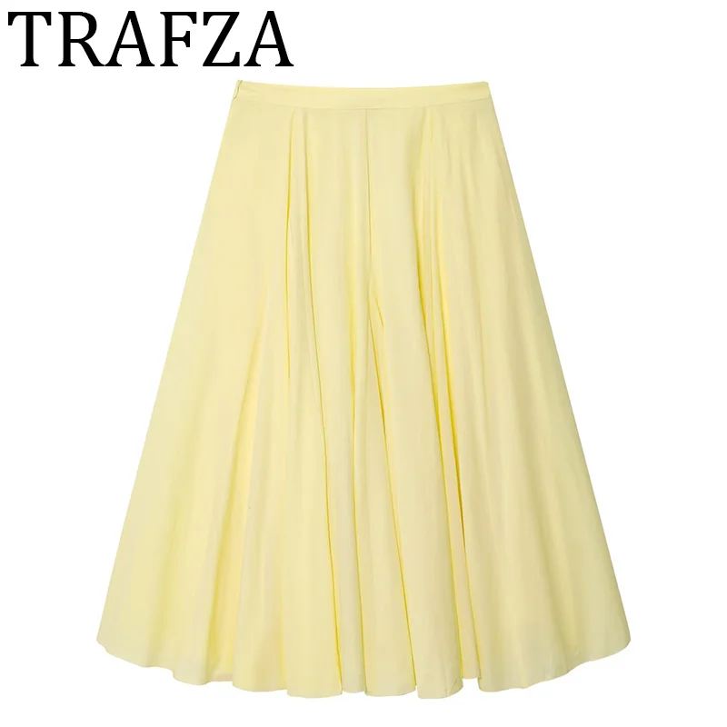 

TRAFZA Woman clothing Flared Mid-Rise Midi Skirt for Women Pleats A-Line Long Skirt Flowing Solid Basic Elegant Korean Skirt