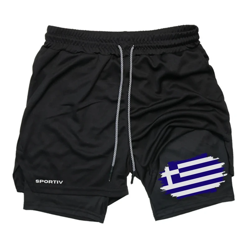 Shorts de desempenho 2 em 1 com estampa de bandeira para homens, academia, treino atlético, shorts de secagem rápida com bolso para telefone, shorts patrióticos