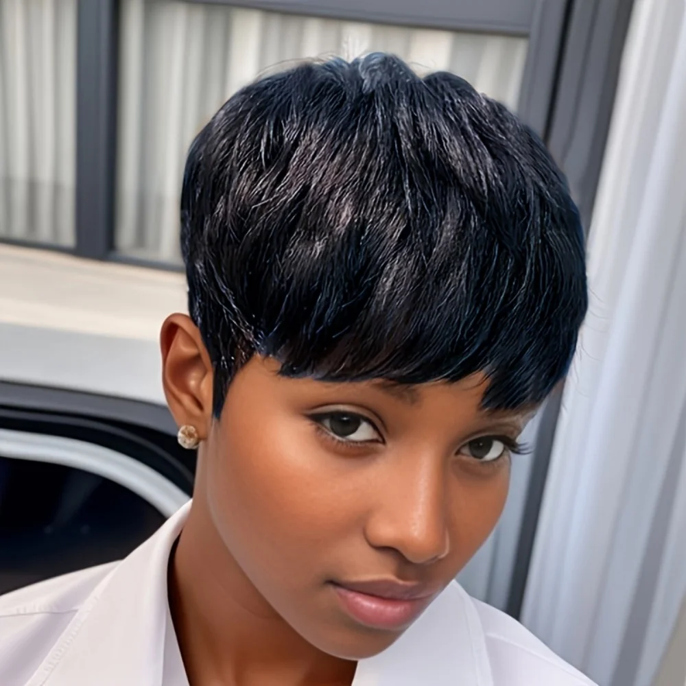 Chic Elegant Straight Human Hair Wig Colored Wig Chic Elegant Pixie Cut Straight Human Hair Wig for Women Full Machine Made Wig 180% Density 6 Inch