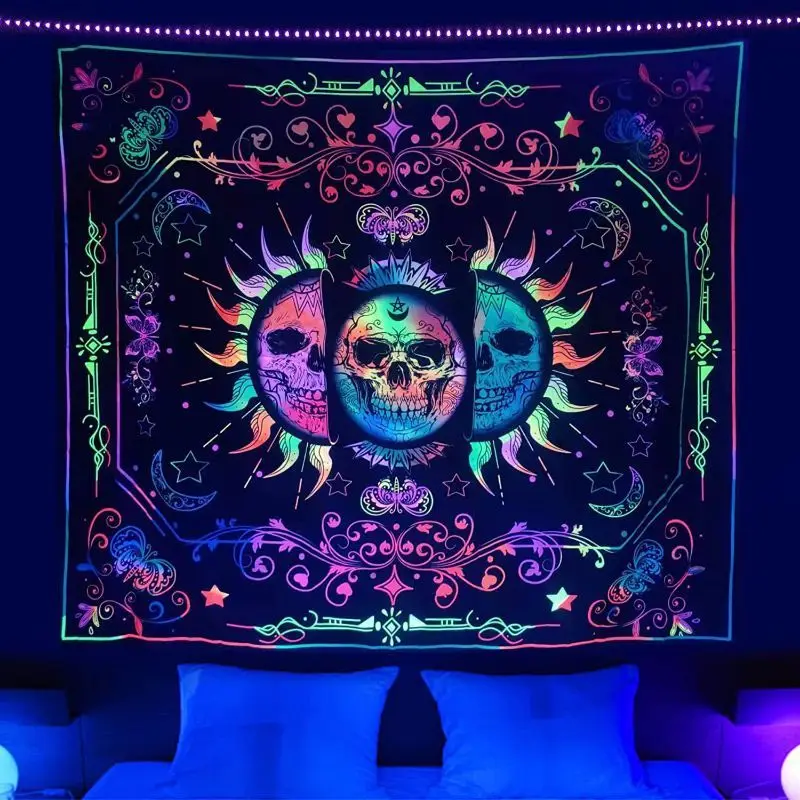 VIKAMA Fluorescent Sun Moon Skeleton Mermaid Tapestry, Psychedelic Neon Wall Hanging, Gothic Dormitory Home Decor