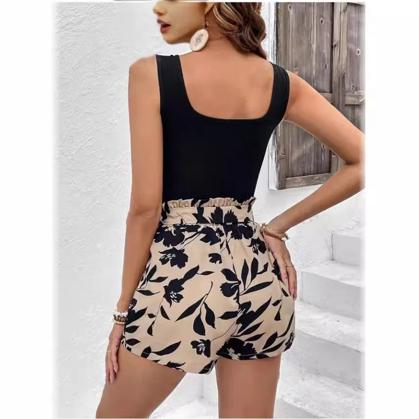 طقم نسائي صيفي مع حزام خصر، طقم تنحيف عالي الخصر كاجوال وعصري مطبوع شورت نسائي قصير مثير