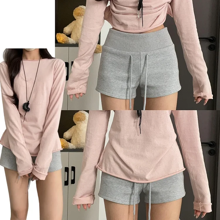 회색 슬림핏 드로스트링 스포츠 반바지 여성 여름 2025 신상 미국식 레이지 스타일 핫팬츠 하이웨이스트 스트레이트 레그 캐주얼 팬츠