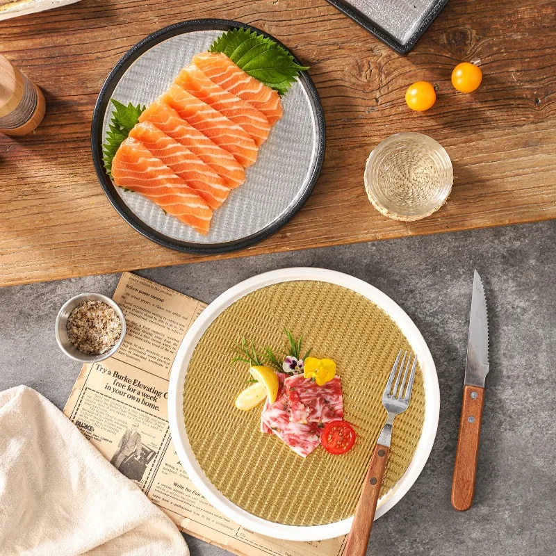 Japanese Gold/silver Checkered Porcelain Dining Plate Barbecue Steak Plate Delicate Round Ceramic Sushi and Sashimi Dinner Plate