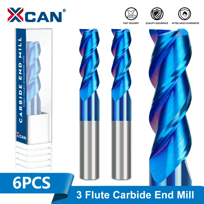 XCAN 3 Flute Carbide End Mill 1/4” Shank Router Bit Nano Blue Coating Carbide End Mill for Aluminum Cutting Metal Milling Tool