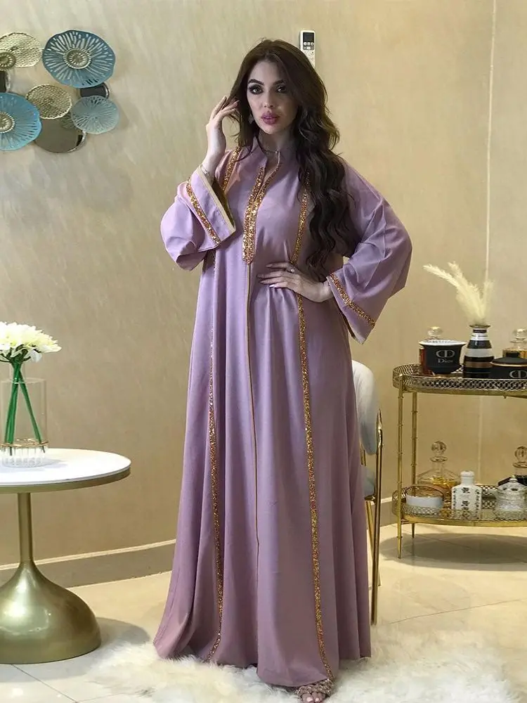 Muslim Fashion Women Islamic Satin Dress Hijab Arabic Abaya Dubai Big swing Bling bling Beadin Eid Mubarak Turkish Dress Wy1020