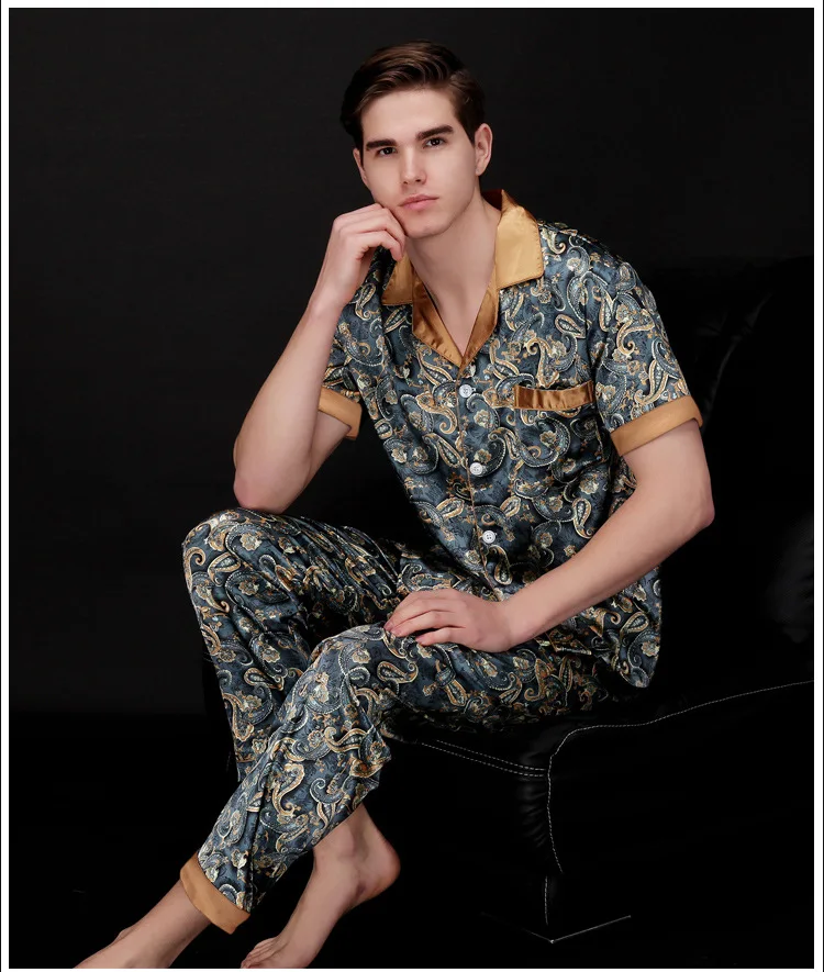 

Ice silk men's pajamas home leisure spring, summer and autumn two-piece short-sleeved home service suit men