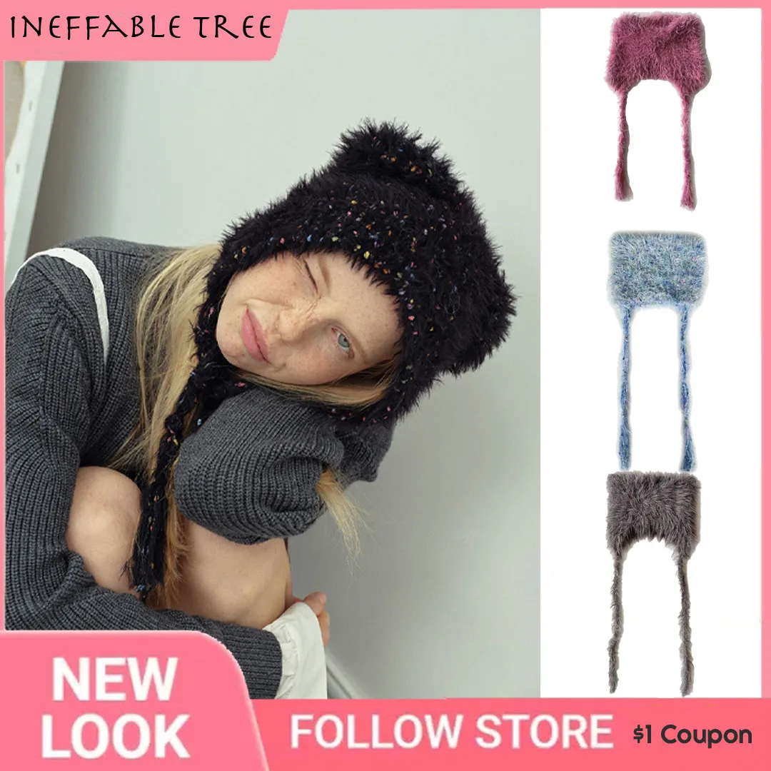 

Y2K Cashmere Women Winter Lace Up Hat Balaclava Hats Autumn Winter Warm Pullover Snood Collar Bonnet Bear Gorras Hombre