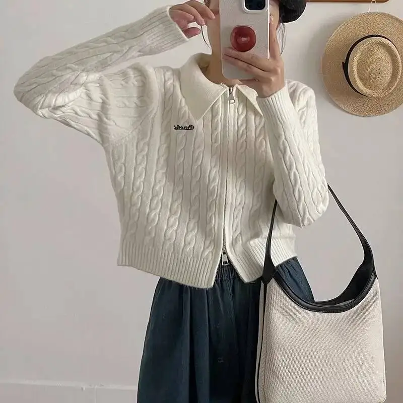 Lapel Twist Double Zipper Knitted Cardigan For Women In Winter New Slim Versatile Top Short Sweater Jacket