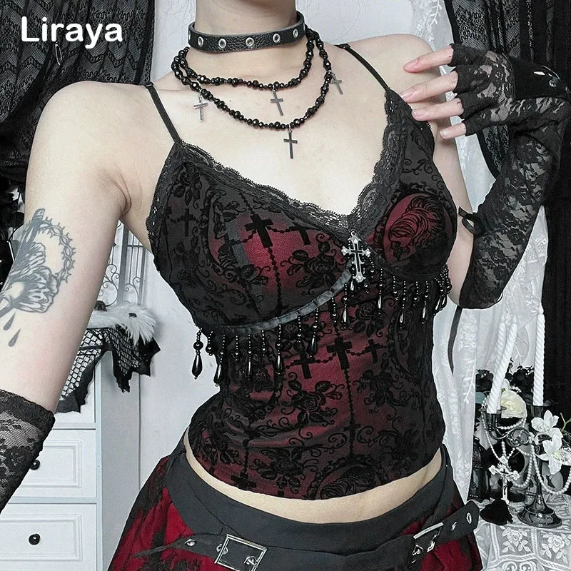 1PC Vintage Mall Gothic Flocking Camisole Women Aesthetic Fairycore Grunge Y2k E-girl Lace Patchwork Beading Crop Tank Tops