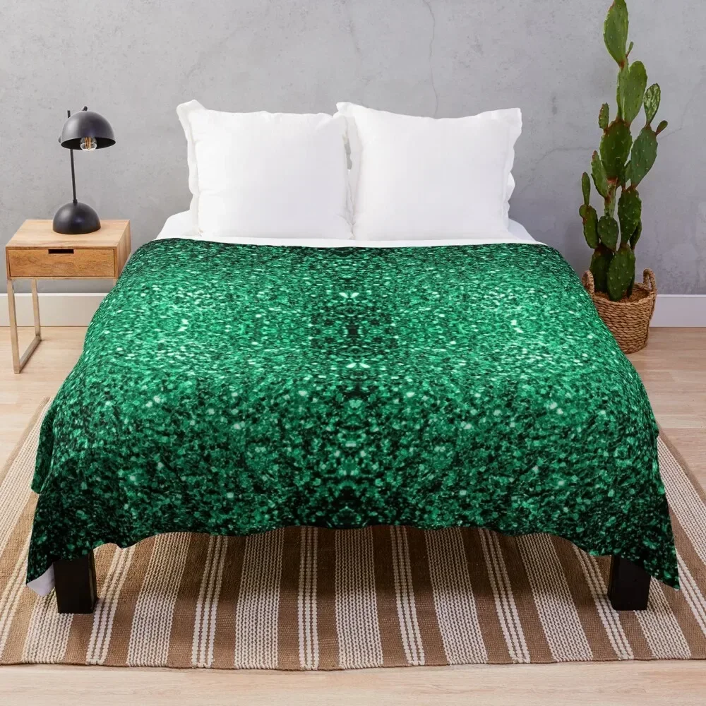 Emerald Green faux glitter sparkles (Photo of Glitter - Not Reflective) Throw Blanket Bed Retros Thermal bed plaid Blankets