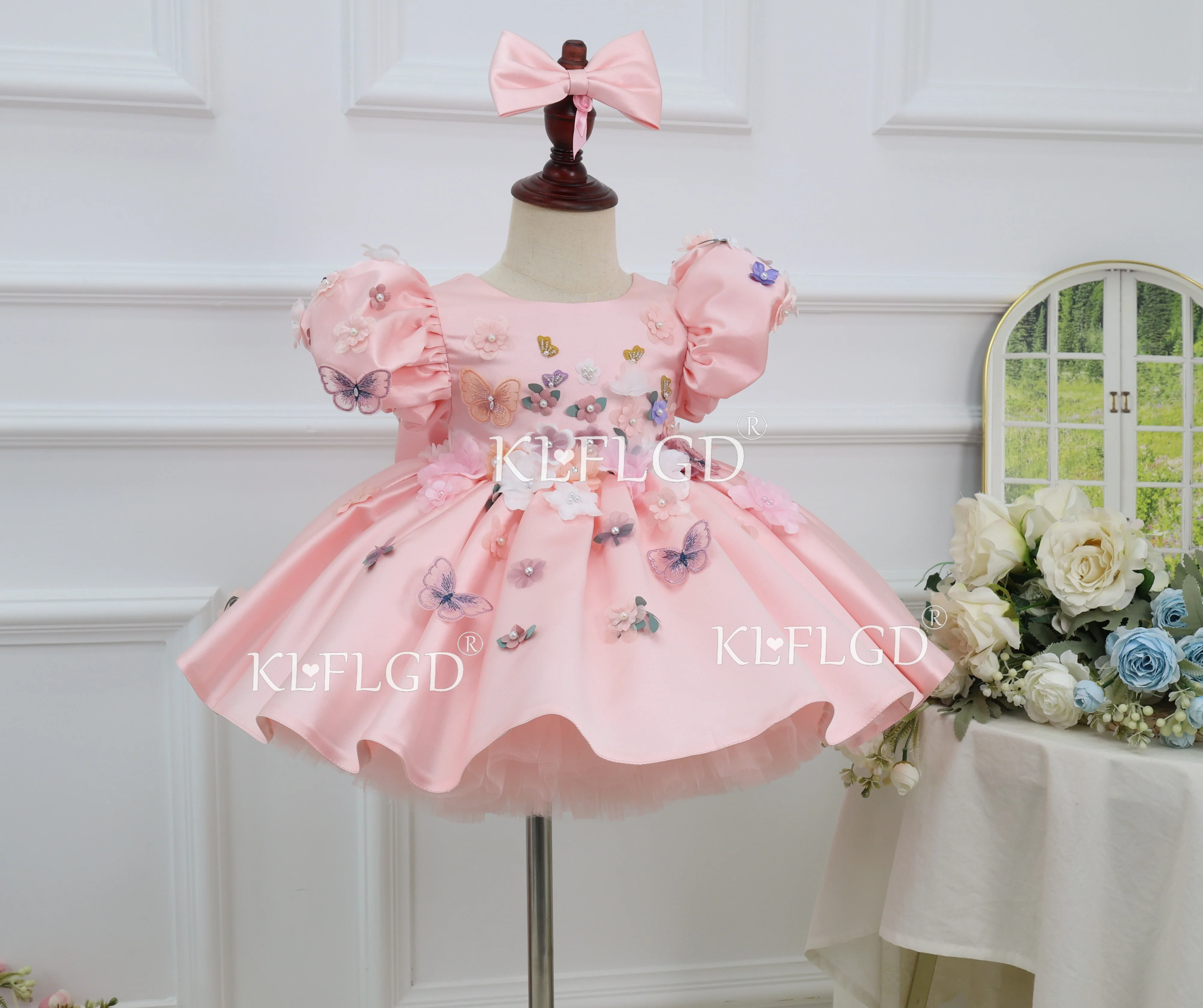 KLFLGD Gorgeous and elegant girls' satin high-end dress, hand embroidered girls' fluffy skirt, birthday party formal party costu