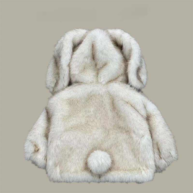 New Winter Children's Clothing Fur Plush Jacket Long-eared Bunny Bow Collar Hooded Tail Thickened Jacket