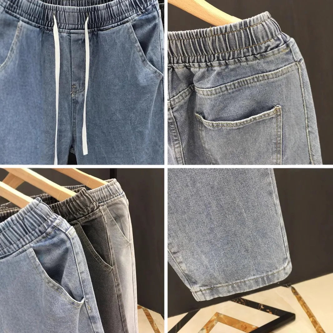 Celana Jeans Pria Pinggang Elastis Model Dstring Musim Panas, Potongan Lurus Longgar Sembilan Perempat, Trendi, Kaki Lebar, Kasual