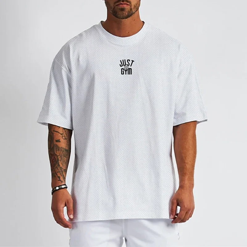 Oversized T shirt Men Loose Drop Shoulders Gym Clothing Bodybuilding Fitness Streetwear Hip-Hop T-shirt Quick Dry Mesh Sport Tee