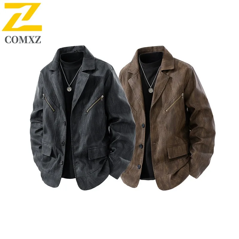 

COMXZ Мужская кожаная куртка 2025 Новая мотоциклетная куртка с воротником-стойкой в американском стиле для езды на велосипеде на открытом воздухе, осенняя новая ветровка