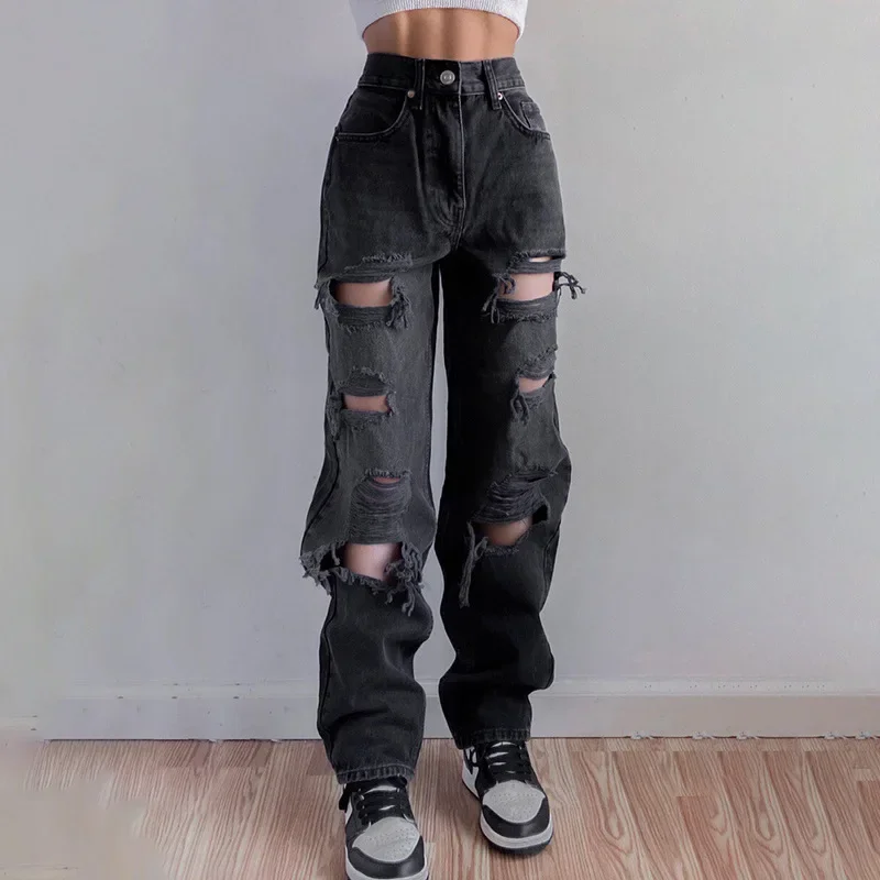 Autumn Winter Southeast Asian Women's Broken Hole Jeans Women's Straight Tube Loose Jeans