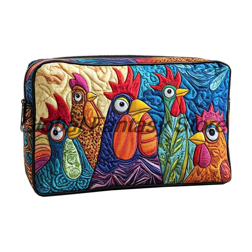 Colorful Cartoon Chicken Quilted Makeup Bag Boho Patchwork Travel Toiletry Bag Zipper Portable Cosmetic Bag For Women