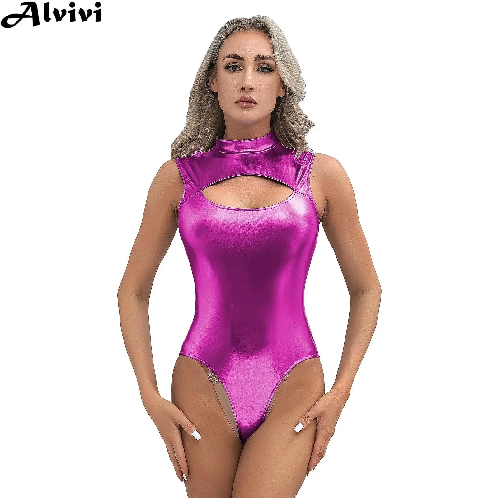 

Women Pole Dancing Bodysuit Metallic Shiny Cutout Zipper Leotard Nightclub Party Stage Performance Costume Pool Beach Swimwear