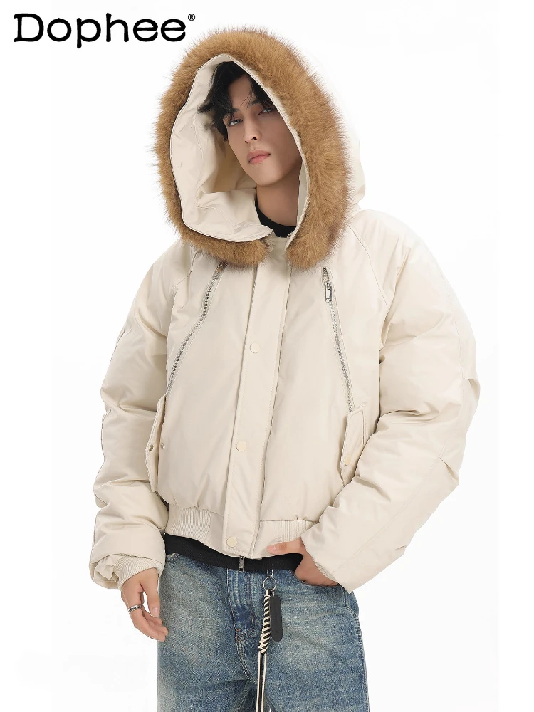 

2025 Winter New Trendy Zipper Design Chic Coats Large Faux Fur Collar Long Sleeve Hooded Parkas Men Retro Warm Thickened Parkas