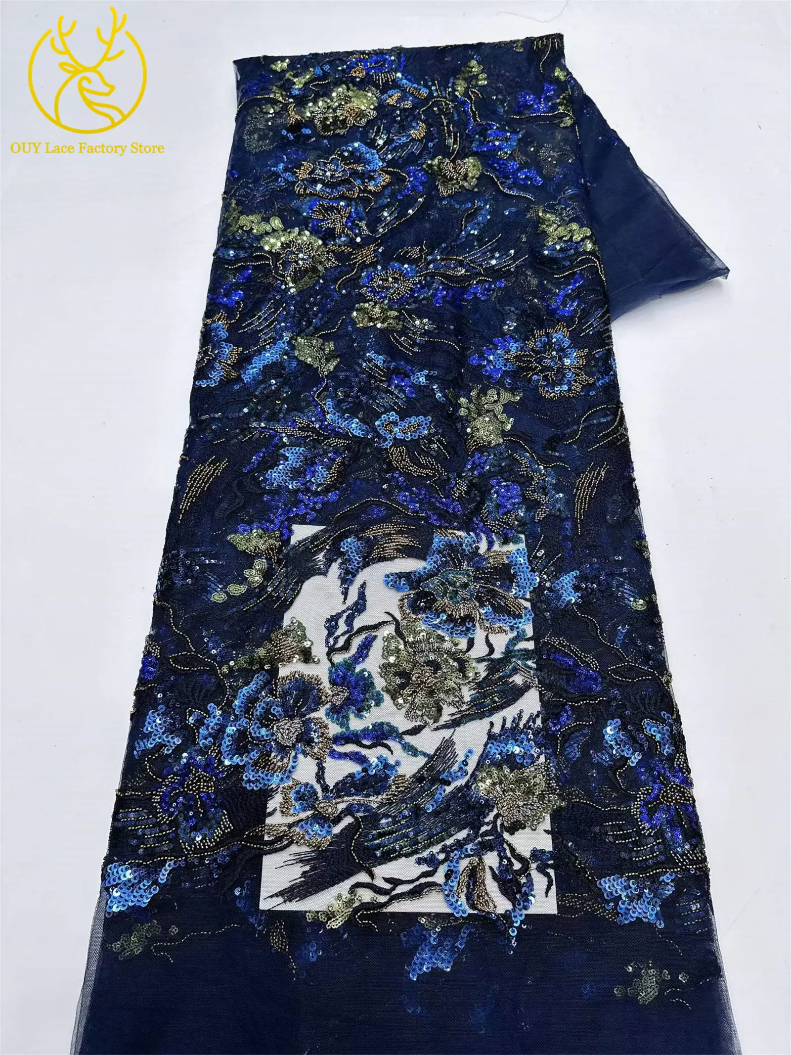 Afrikanischer Stickerei-Tüll-Pailletten-Spitzenstoff, 5 Yards, hochwertiger französischer nigerianischer Perlen-Mesh-Spitzenstoff für Hochzeitsnäharbeiten – Detail 16