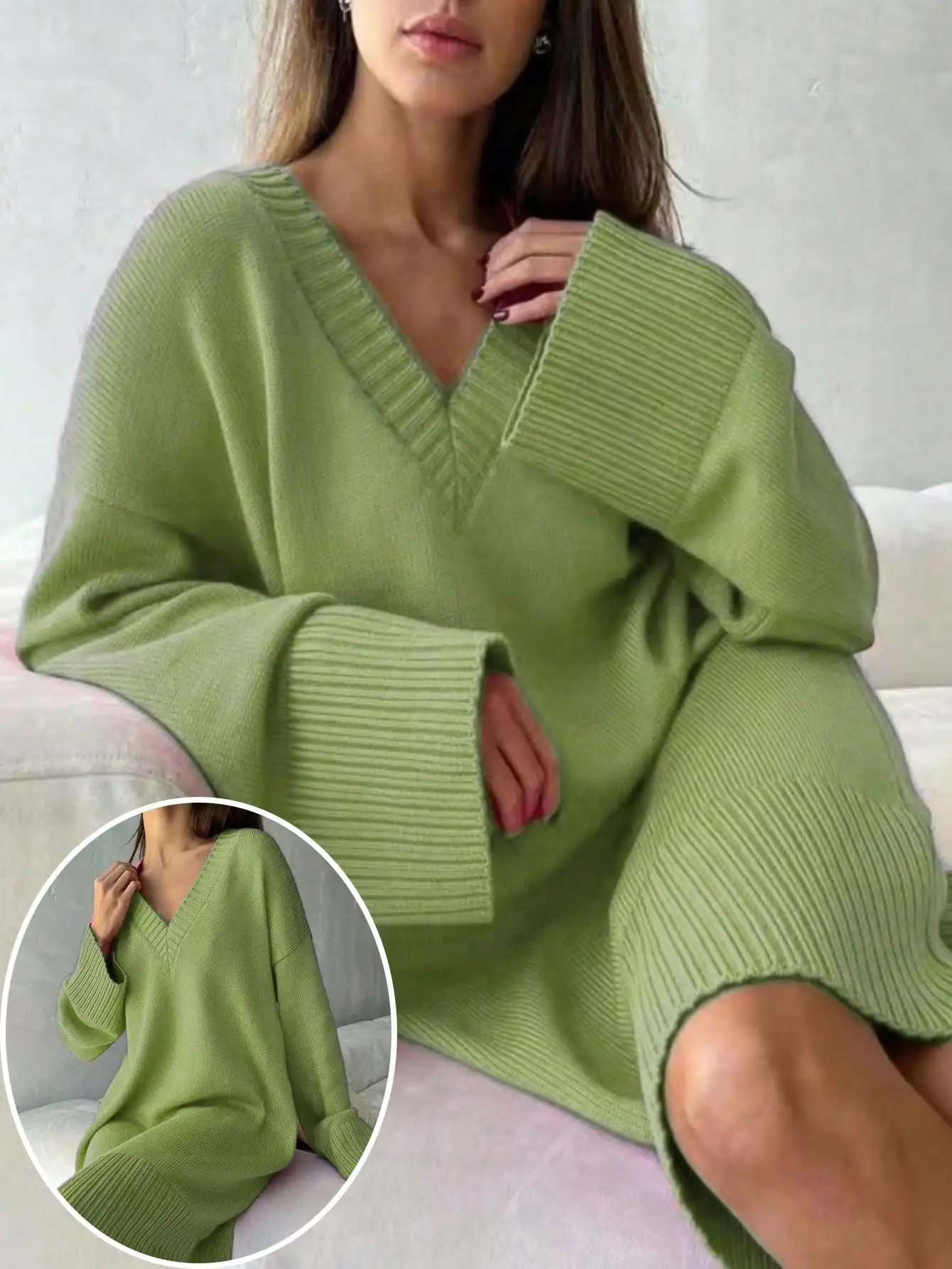 Plus Size Women Solid Color Sweater Dress V Neck Drop Shoulder Ribbed Knit Dress Loose Fit Autumn Winter Casual Lazy Style