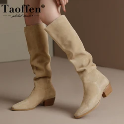 Taoffen New Arrivals Women Long Boots Real Leather Ins Western Boots Woman Fashion Cool Club Ladies Shoes Footwear Size 34-39