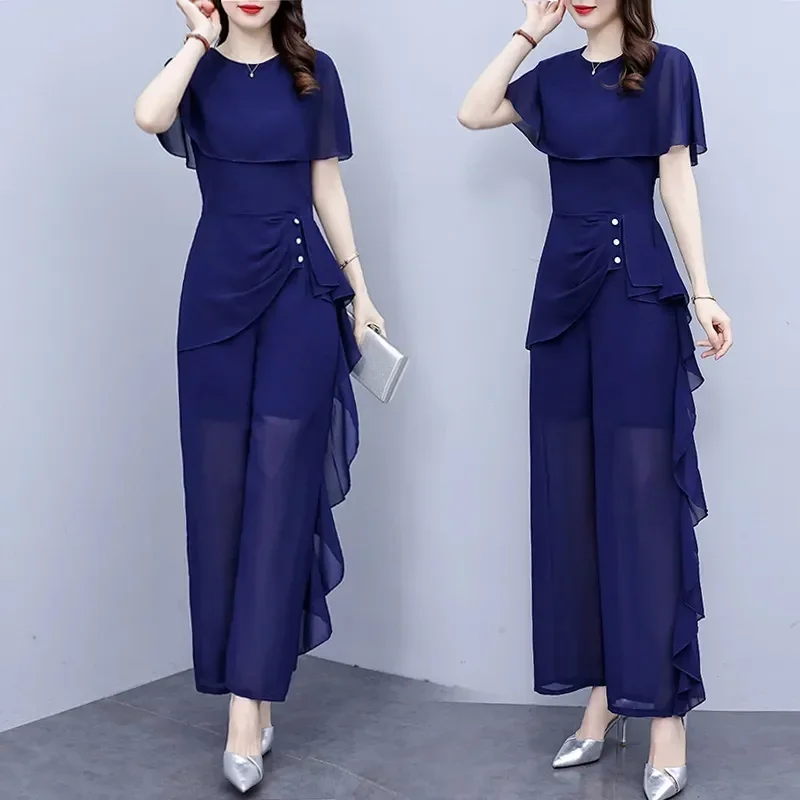 Summer 2024 New Female Unique and Advanced Fashion Chiffon Splice Jumpsuit Set Women's Temperament Wide Leg Jumpsuit