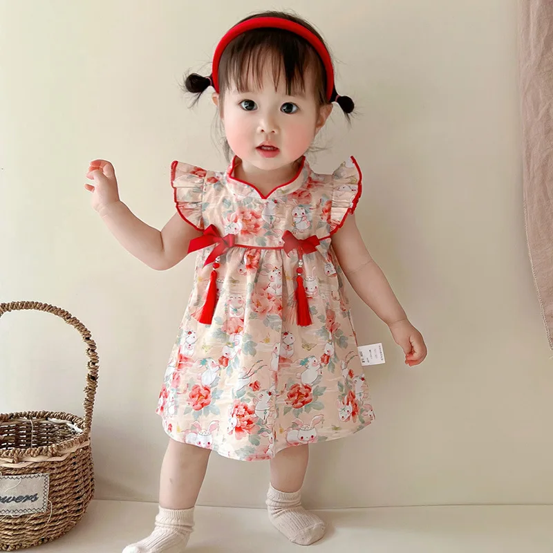 Baby Girl Dress Summer New Baby Clothes Lovely Rabbit Printed Cheongsam for Baby Girl Kids Clothes