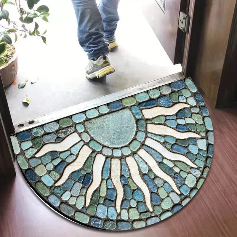 VIKAMA Half Round Ocean Blue Sunrise Doormat Pebble Stone Border Non Slip Washable Front Door Mat Coastal Home Decor