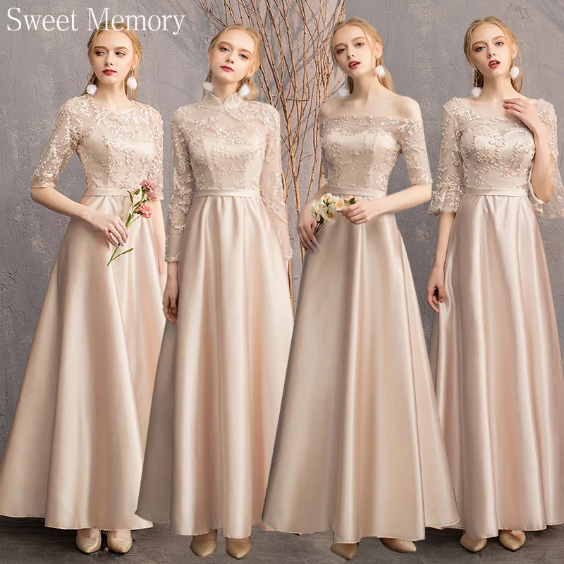 

Boat Neck Half Sleeve Wedding Party Dress Women Formal Floor Length Gown Girl Lace Up Satin Vintage Bridesmaid Dresses