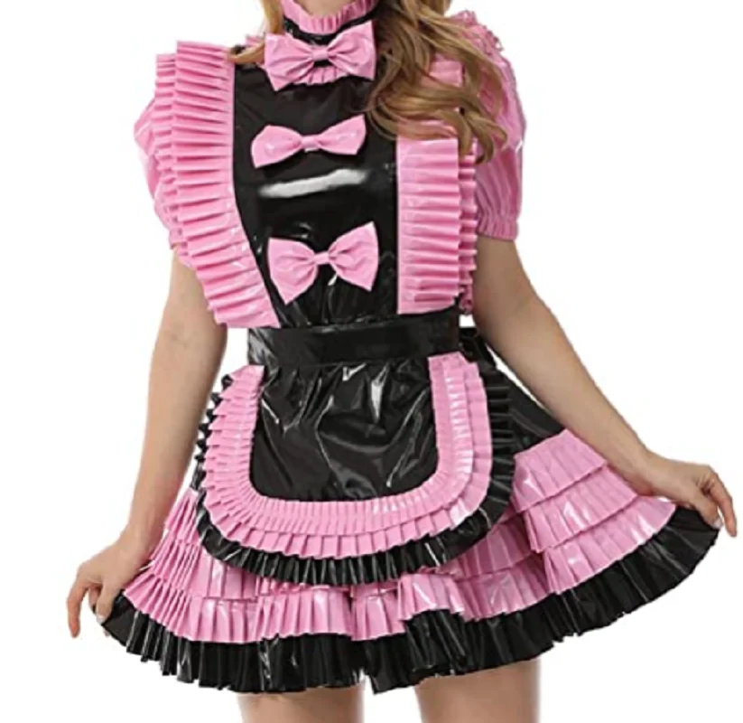 Hot New PVC Ruffle Sissy Women Fries Pink Bows Short Dress Crossing Custom