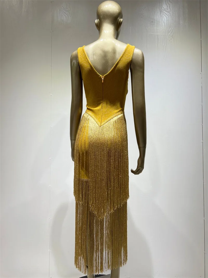 Vestido de fiesta sin mangas con borlas de pico profundo para mujer, vestido de fiesta Formal amarillo, falda de cintura alta de un paso, nuevo diseño, en Stock