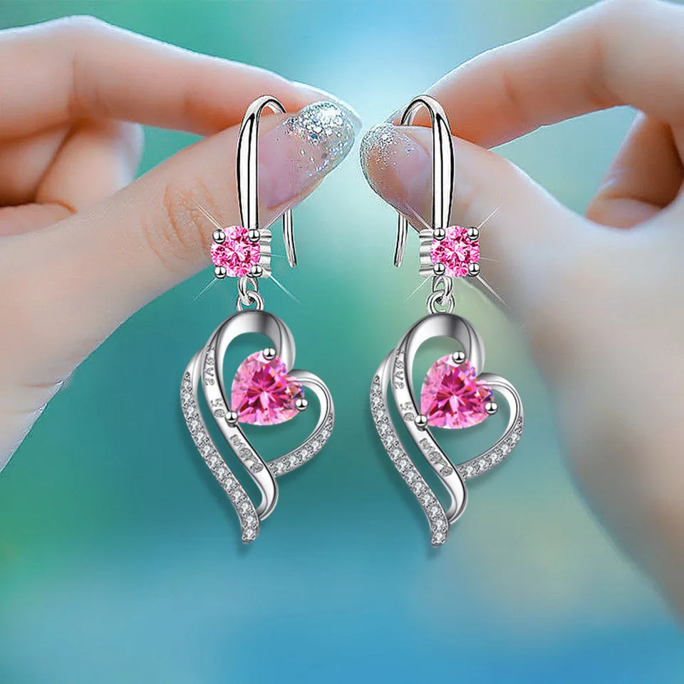 Koreanische Herz Tropfen Ohrringe für Frauen Silber Farbe blau gelb rot grün grün rosa Zirkon Valentinstag baumeln Ohrring Muttertag Schmuck