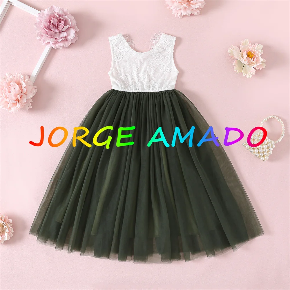 

Olive Green Summer Girl Princess Dress Eyelash Back Lace Plain Tulle Bohemian Holiday Beach Dress Wedding Party Dress E13843