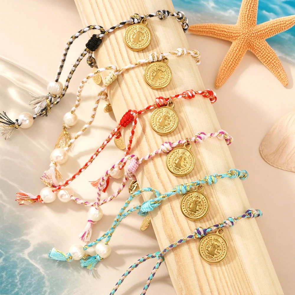 Handmade Braided Bracelet with Pearl Religious Medal Charm Adjustable Multi-Color Bracelets for Women Fashion Spiritual Jewelry