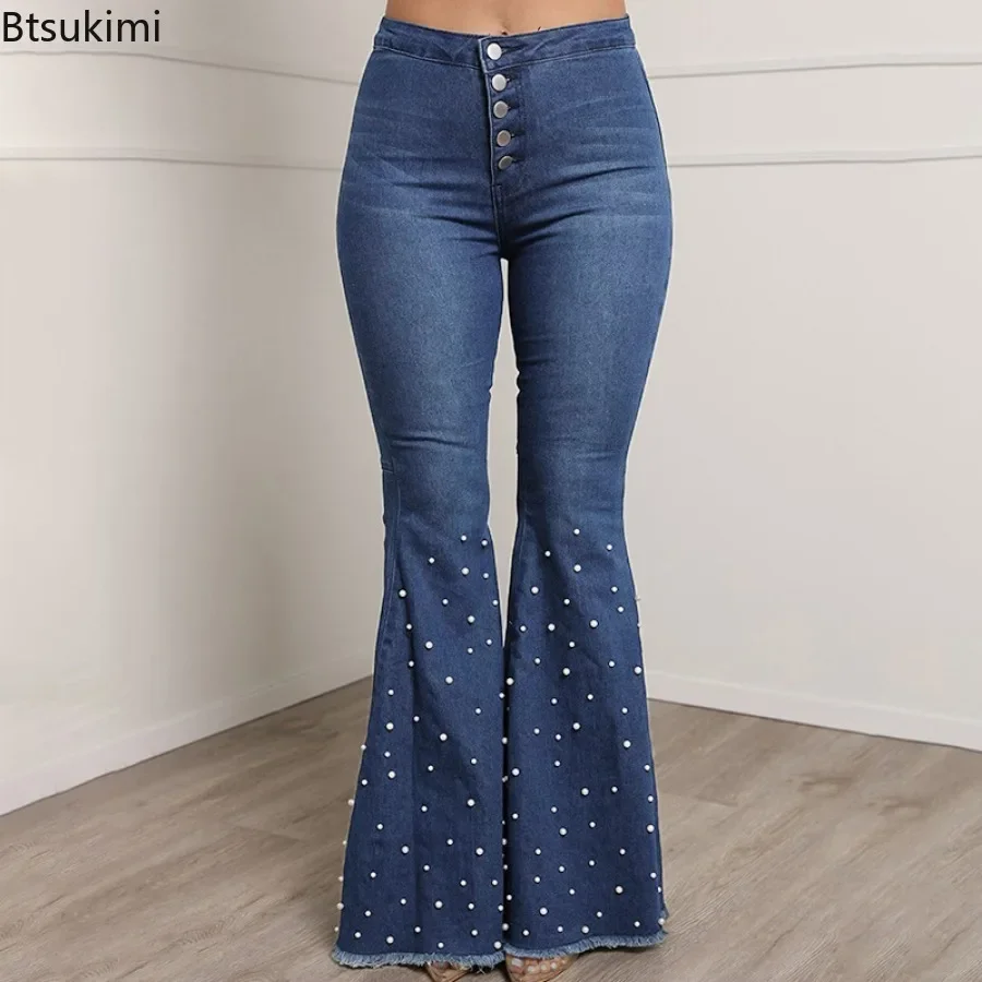 2024 Beaded Stretch Flare Jeans Women Denim Pants Wide Leg Butt-lifted Casual Skinny Bell Bottom High Waisted Trousers Female