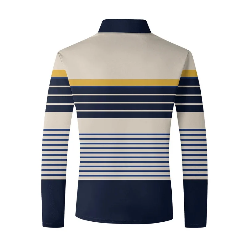 Men's long-sleeved striped polo shirt, men's high tie button, double-sided German velvet shirt for winter