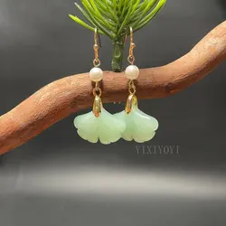 Retro Natural Green Jade Ginkgo Leaf Style Pearl Drop Earring 14K Gold Chinese Ancient Stone Jade Hook Earrings for Women Gift