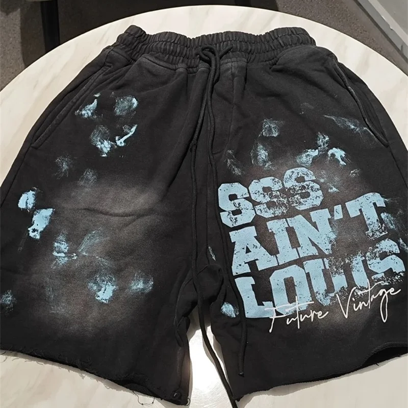 Saint Louis-pantalones cortos lavados de gran tamaño para hombres y mujeres, Graffiti Destroy Logo, Impresión de letras, Saint Michael, pantalones cortos con cordón, negro, 24SS