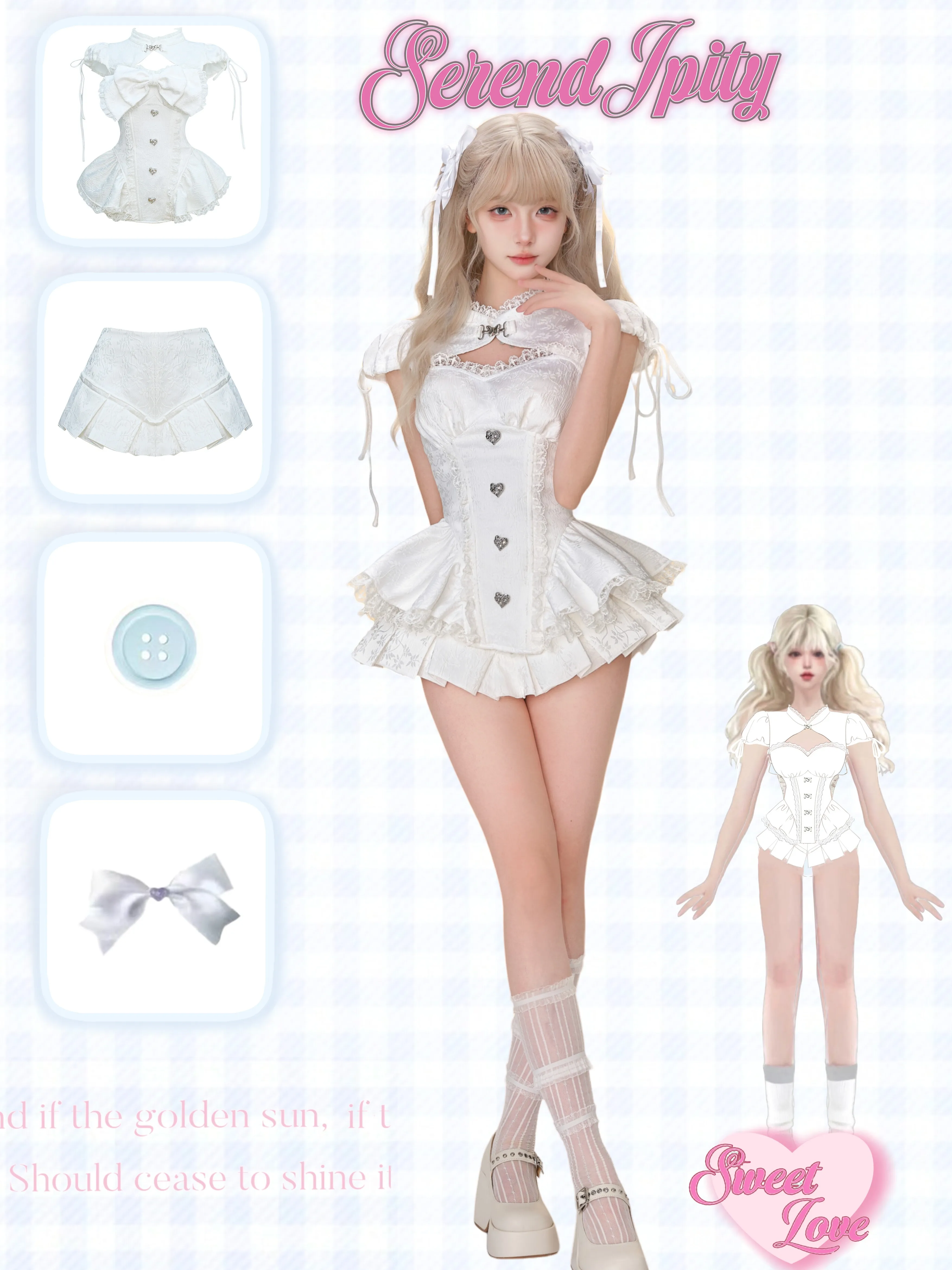Dophee Original Sweet Girl Two-piece Set Cute Bow Diamonds Button White Dress Top + Super Short Pleated Skirt Women Suits image 3