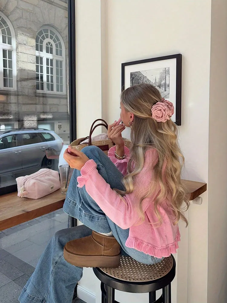 New Wrinkles Border Round Neck Sweater Cardigan Ruffled Long Sleeve Tops Autumn Women's Clothing Blouse Fashion Items Top Jacket