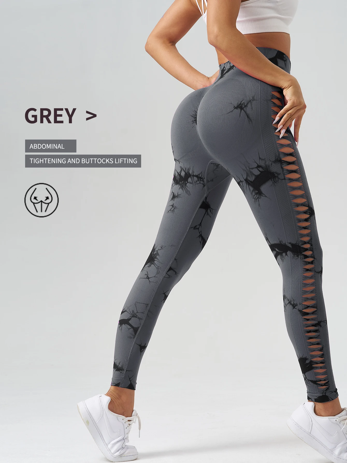 ใหม่กางเกงโยคะมัดย้อมกลวงด้านข้าง,กางเกงรัดรูปยกสะโพกพีชข้ามพรมแดน,กางเกงออกกําลังกายแบบไม่มีรอยต่อเอวสูงสําหรับผู้หญิง