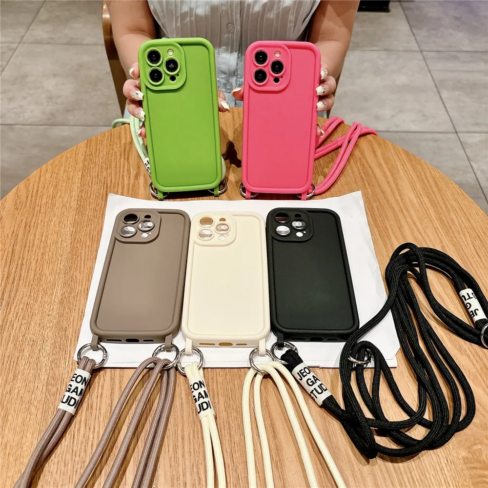 Soft Silicone Lanyard Case For iPhone 14 15 Pro Max 11 12 13 Pro XR X XS Max 8 7 14 15 Plus Crossbody Necklace Strap Phone Cover