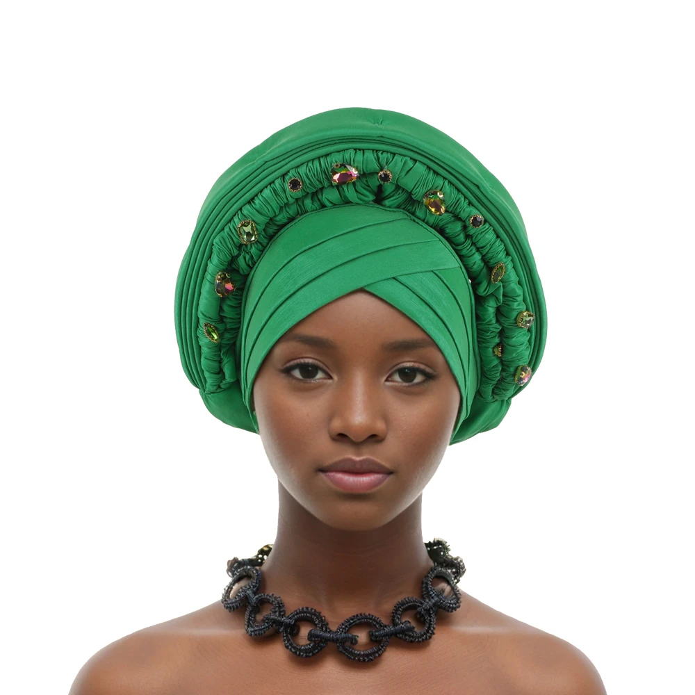 African Autogele Headtie Raw Silk Diamonds Head Wraps Women Turban Cap Nigeria Wedding Geles Party Headpiece Turbante Mujer