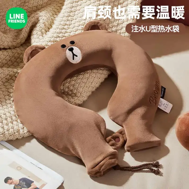 Line Friends Shoulder Neck Hot Compress Water-filled Hot Water Bag Brown Thickened Explosion-proof U-shaped Pillow Quilt Heater